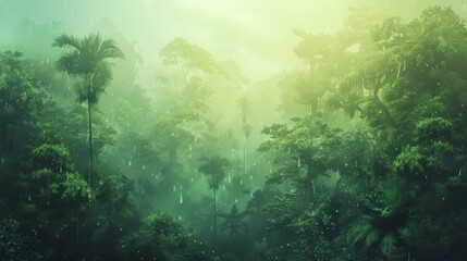 Toon, soft pastel, full page gradient, light green top to dark green bottom, vignetted, professional, iconic, popular, trendy, high quality, rain forest environment - obrazy, fototapety, plakaty