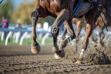 action shot of horse hooves and jockeys whip midrace