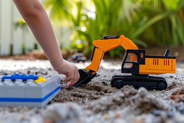 kid positioning toy excavator near lego building site - obrazy, fototapety, plakaty