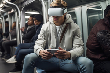Young adult man using vision reality headset in public transport, Virtual and Augmented, Watching Video in daily life with virtual digital gadget goggles Adult wear VR headset. Simulator experience