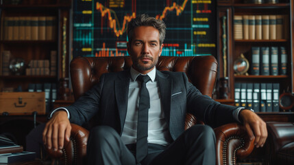 Businessman in expensive office on leather armchair on digital charts background