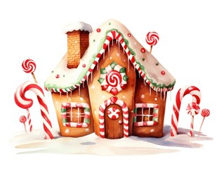 A Gingerbread House With Candy Canes and Sweets. Christmas watercolor card.