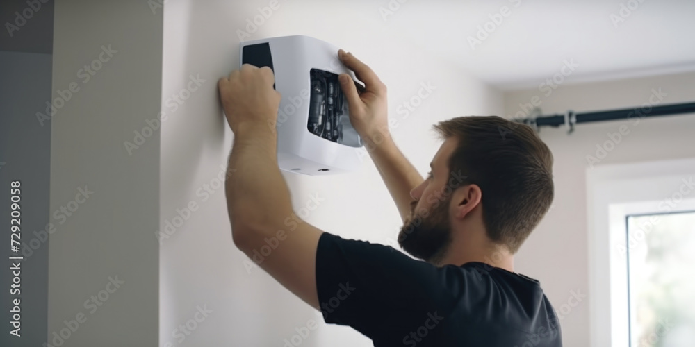Poster a man is seen adjusting a smoke detector on a wall. this image can be used to illustrate home safety