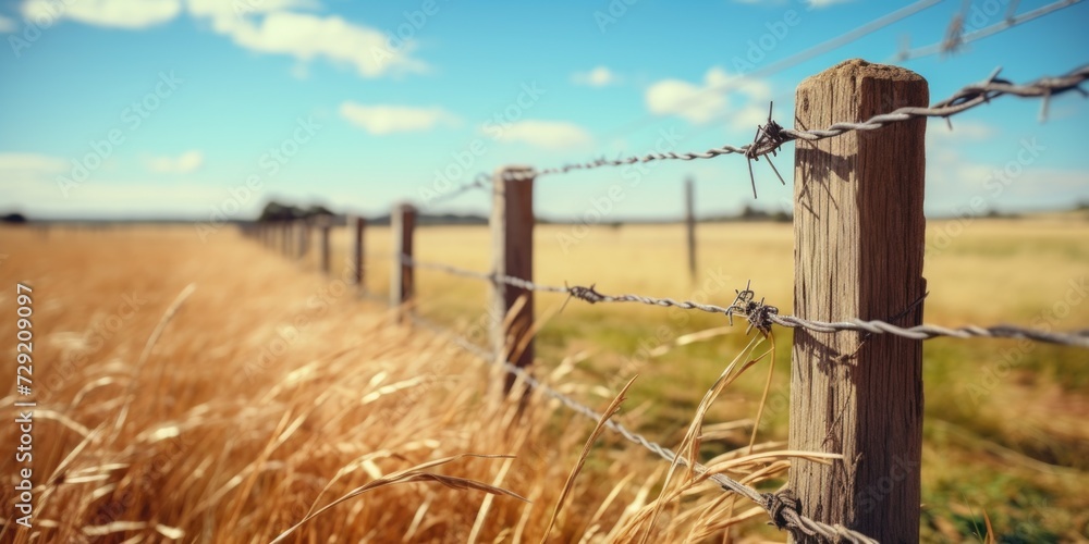 Poster a picture of a wooden fence standing in a field of tall grass. this image can be used to depict rura