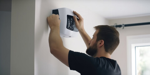 A man is seen adjusting a smoke detector on a wall. This image can be used to illustrate home safety and the importance of smoke detectors - obrazy, fototapety, plakaty
