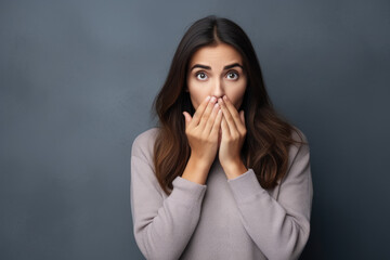 Shocked woman covering her mouth with hands isolated on gray background with copy space, trying keep silence