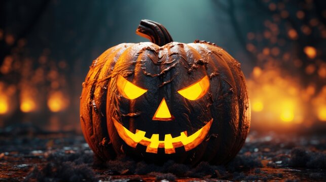 A spooky Halloween pumpkin with glowing eyes, perfect for Halloween decorations or themed events