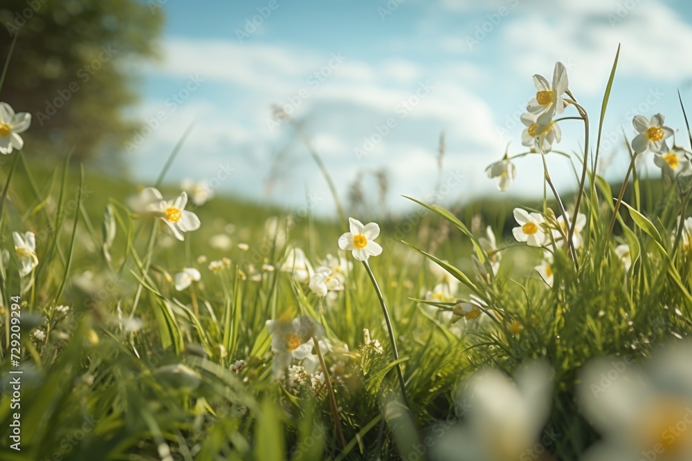 Poster a beautiful field filled with white and yellow flowers. perfect for nature enthusiasts or those in n
