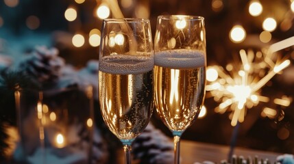 Two champagne flutes filled with sparkling wine sitting on a table. Perfect for celebrations and special occasions