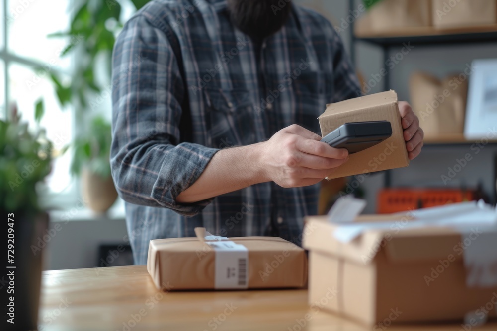 Poster a man is shown holding a cell phone inside a box. this image can be used to illustrate concepts such