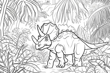 Naklejka premium Torosaurus Dinosaur Black White Linear Doodles Line Art Coloring Page, Kids Coloring Book
