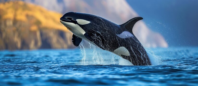 Close up magnificent killer whale jumping over the blue sea. AI generated image