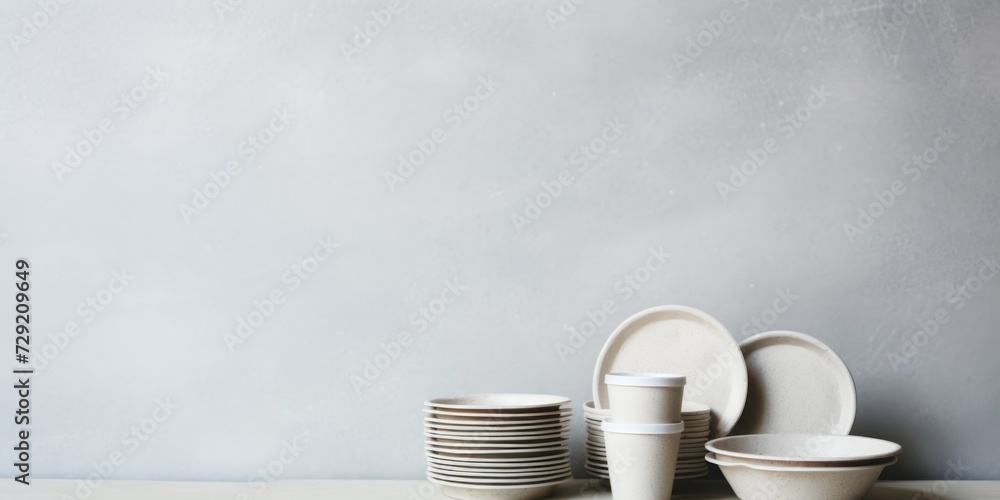 Aufkleber a collection of plates and cups arranged neatly on a table. perfect for various dining and hospitali