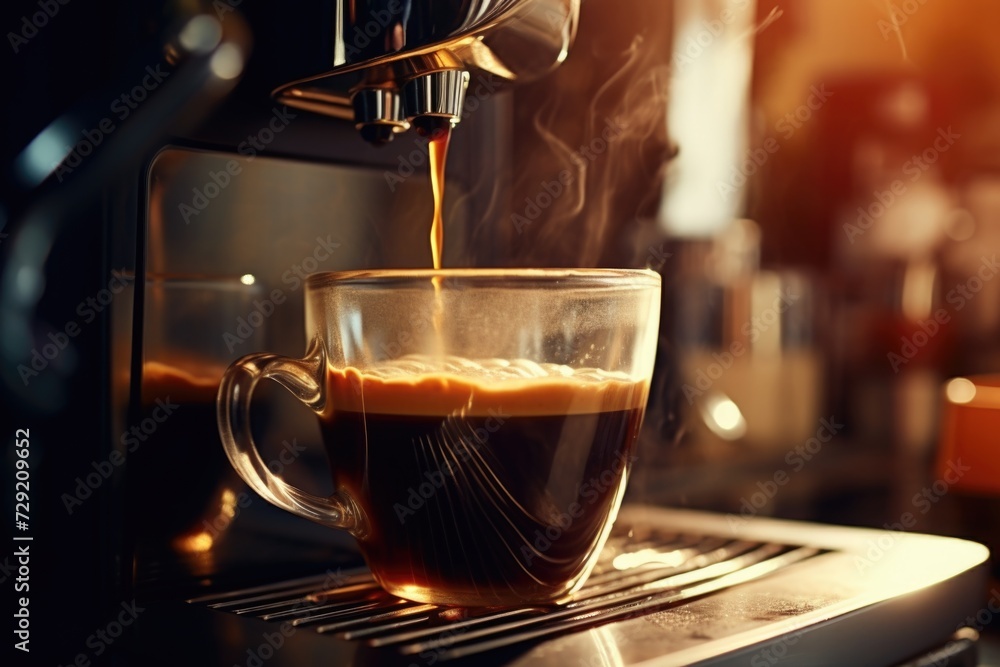 Poster a cup of coffee being poured into a coffee machine. perfect for illustrating the process of making c