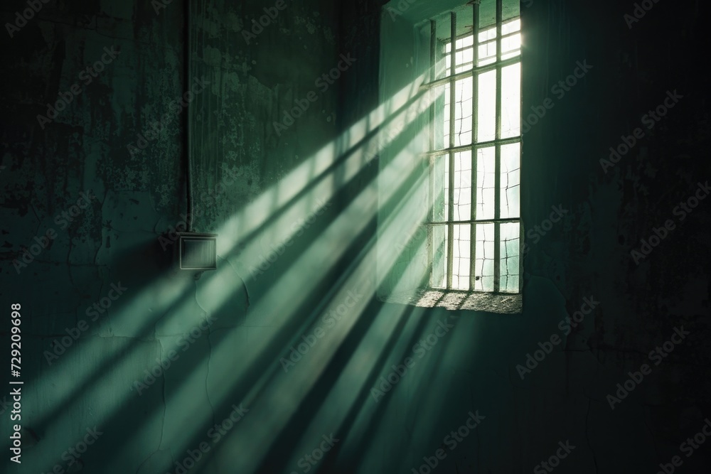 Poster Sunlight shining through a window in an old building. Perfect for adding warmth and natural lighting to any project
