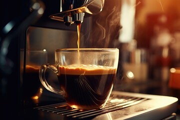 A cup of coffee being poured into a coffee machine. Perfect for illustrating the process of making coffee at home or in a coffee shop - Powered by Adobe