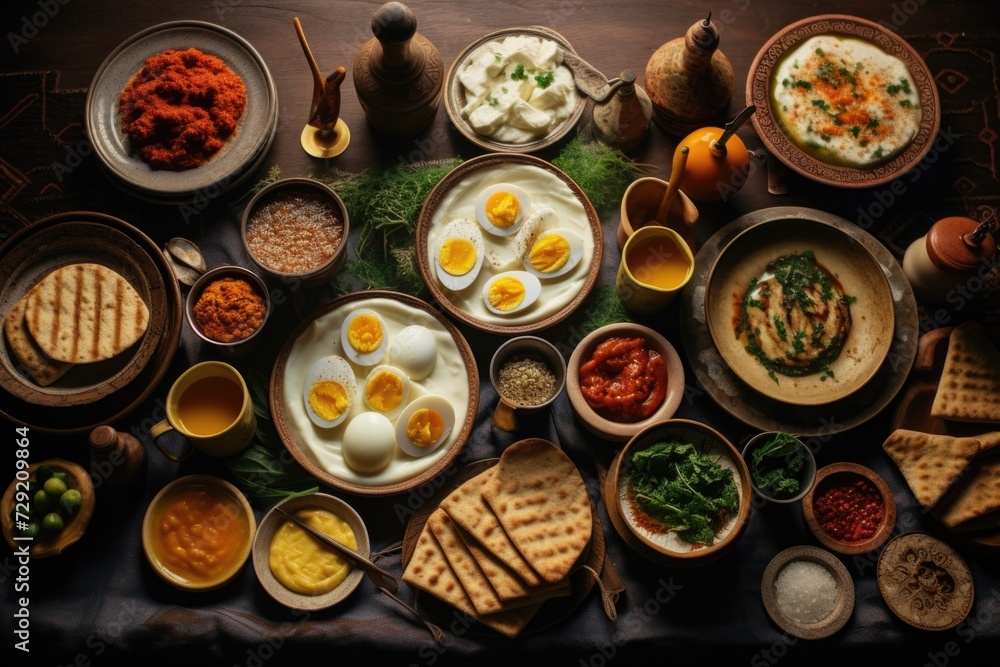 Poster A table filled with a wide selection of different types of food. Perfect for any food-related project or advertisement