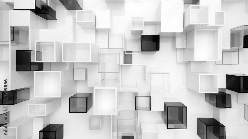 Poster a black and white photo featuring a bunch of cubes. suitable for various design projects and creativ