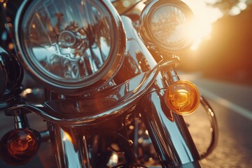 A close-up view of a motorcycle on a road. Perfect for any motorcycle enthusiasts or travel-related...