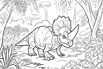 Obraz premium Torosaurus Dinosaur Black White Linear Doodles Line Art Coloring Page, Kids Coloring Book