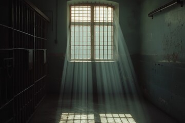 Sunlight shining through a window in a jail cell. Ideal for depicting hope, freedom, and confinement. Suitable for illustrating prison life, incarceration, justice system, or personal transformation