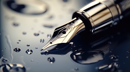 A fountain pen gracefully resting on a shimmering puddle of water. Versatile image suitable for various creative projects - obrazy, fototapety, plakaty
