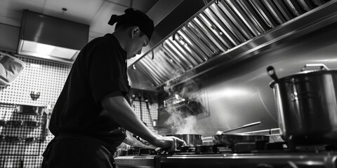 A man in a kitchen cooking food on a stove. Suitable for culinary blogs and cooking-related articles - obrazy, fototapety, plakaty