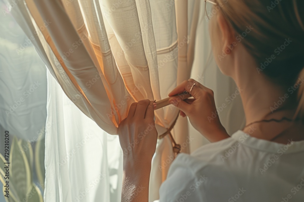 Poster a woman is seen holding a pair of scissors in front of a window. this image can be used to depict cr