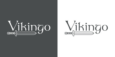 Logo con palabra Vikingo en español con espada medieval - obrazy, fototapety, plakaty