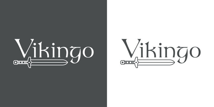 Logo con palabra Vikingo en español con espada medieval