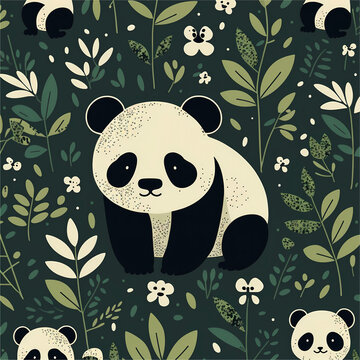Abstract futuristic contemporary modern illustration watercolor art seamless pattern with panda and bamboo
