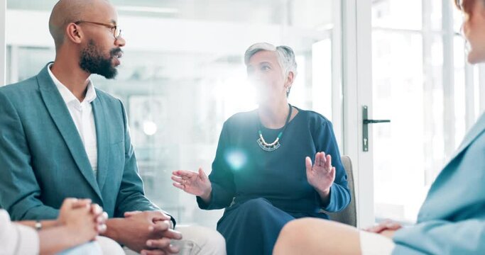 Manager, talking and employees in office, workplace and discussion for job, training and work. Employees, learning and conversation about seo, career and communication with leader, meeting and data