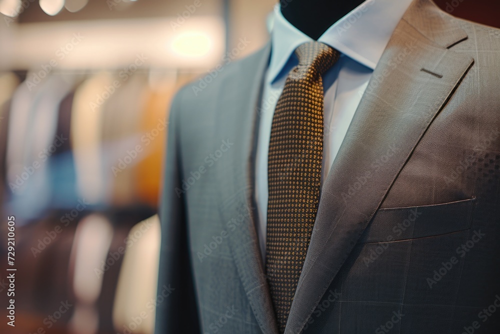 Poster a detailed view of a suit and tie displayed on a mannequin. this image can be used to showcase fashi
