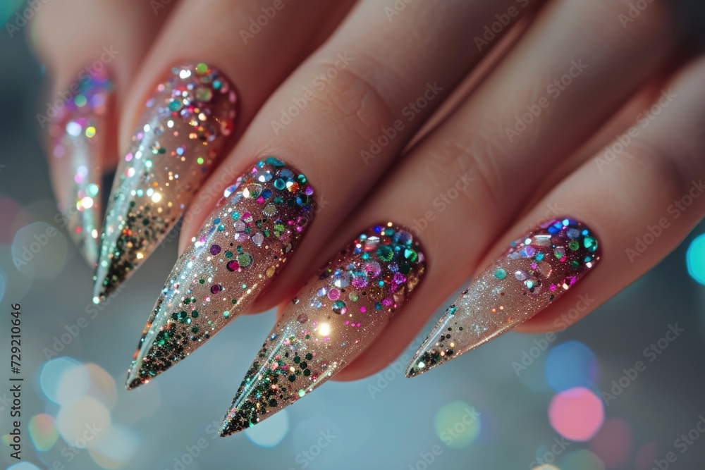 Poster a close-up shot showcasing glittery nails. perfect for adding a touch of sparkle to your designs