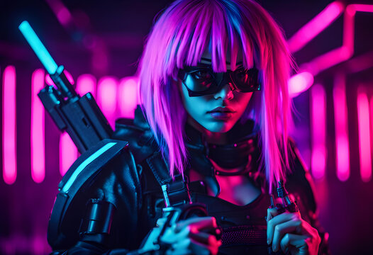 Cyberpunk futuristic warrior girl with fake gun