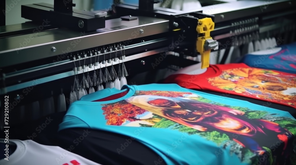 Poster A dynamic image capturing a T-shirt printing machine in operation. Ideal for showcasing the process of custom T-shirt production.