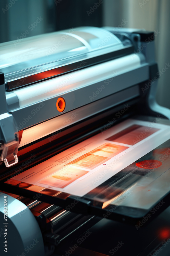 Aufkleber A close-up view of a paper cutting machine in action. Perfect for showcasing the precision and efficiency of paper cutting processes.