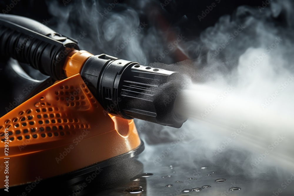 Poster A close up of a spray gun on a table. This versatile tool can be used for various projects and applications