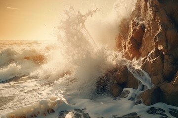 A captivating image capturing the force of a large wave crashing against a rugged cliff. Perfect for conveying the strength and beauty of nature.