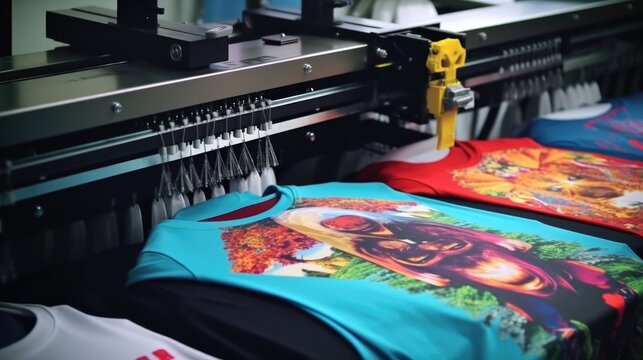 A dynamic image capturing a T-shirt printing machine in operation. Ideal for showcasing the process of custom T-shirt production.