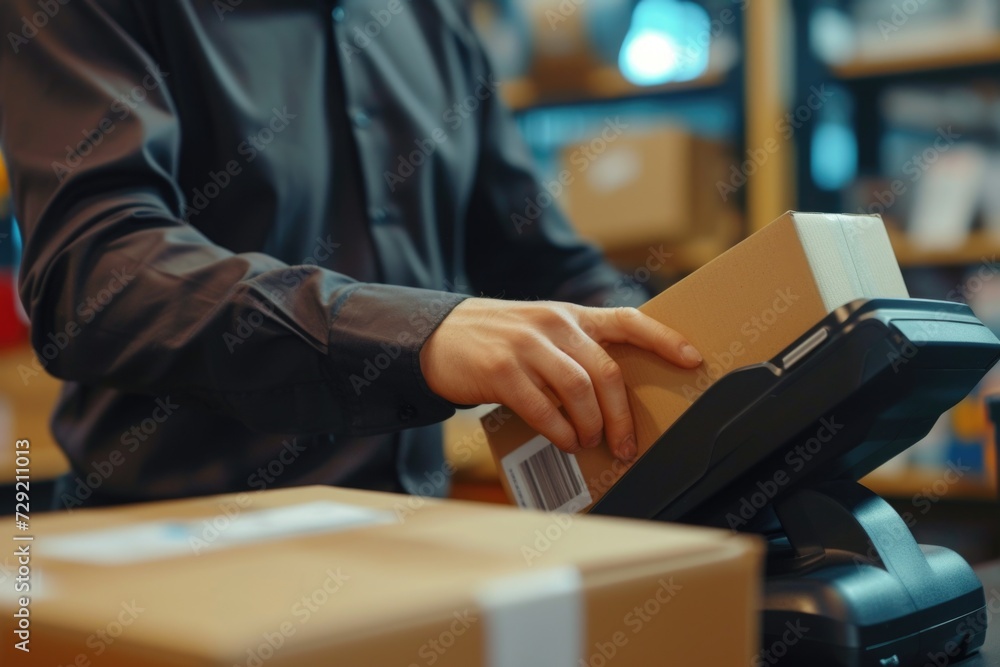 Aufkleber a man is using a credit card machine. this image can be used to illustrate financial transactions or