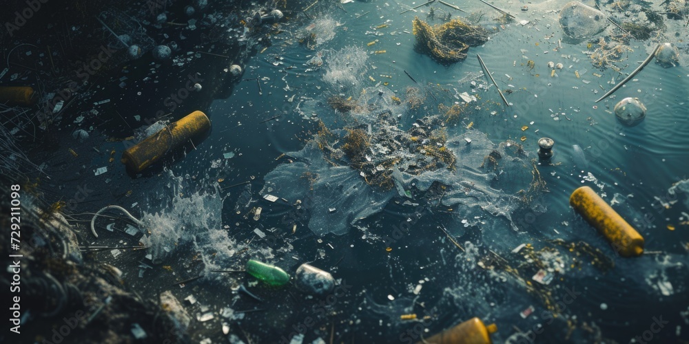 Aufkleber Trash floating on top of a body of water. Can be used to highlight pollution and environmental issues