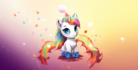 horse in the sea, horse in the field, horse on the meadow, background with birds and flowers, cartoon image of a cute unicorn with rainbow