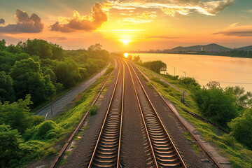 Railroad tracks along the river at sunset
