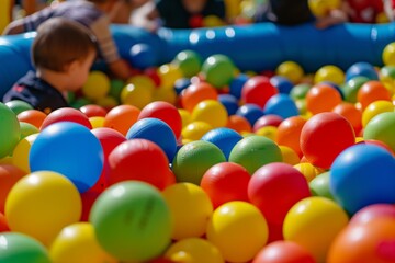 toddlers in a ball pit with vibrant balls and soft play area