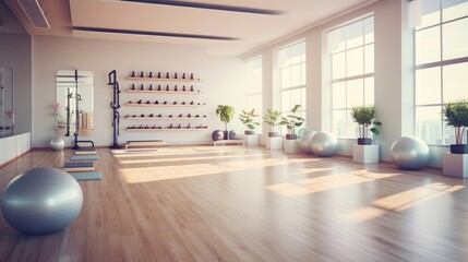 Gym room with wooden floor and large windows. Perfect for fitness and exercise activities - obrazy, fototapety, plakaty