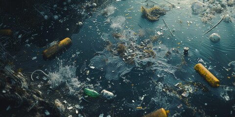 Trash floating on top of a body of water. Can be used to highlight pollution and environmental issues - obrazy, fototapety, plakaty