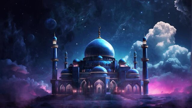 Ramadan Kareem Mosque Against a Celestial 4K Background