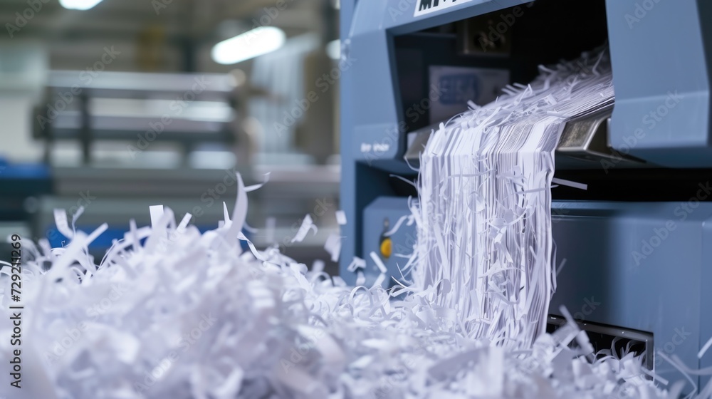 Poster a pile of shredded paper sitting on top of a machine. can be used to represent document destruction,