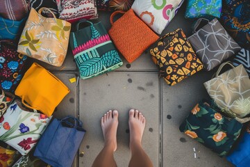 Obraz premium feet surrounded by assorted fabric totes on a sidewalk
